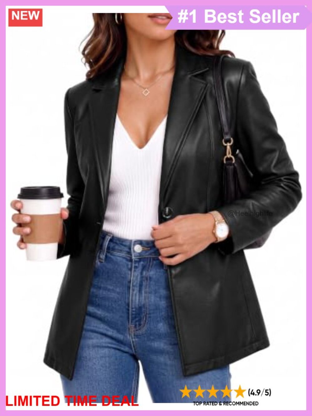 Faux Leather Blazer Jacket Lightly Fitted Long Sleeve Notch Collar Business